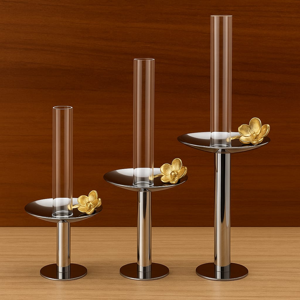 Castiçal em aço inox com flor escultural em latão dourado sobre base polida-objeto decorativo contemporâneo